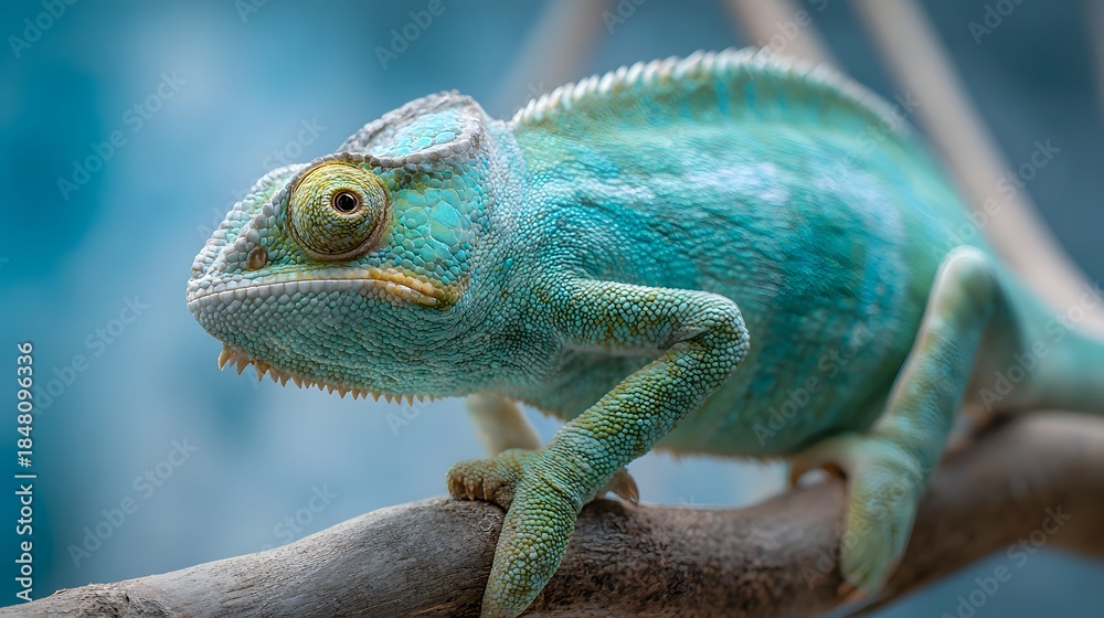 Fototapeta premium Vibrant turquoise reptile clings securely to a rough wooden branch in view