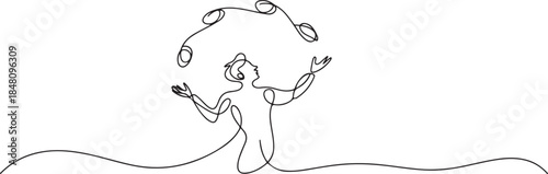 Continuous one line drawing circus artist. Circus. The juggler juggles. Circus performance. One continuous line isolated minimal illustration. one line Icon drawing