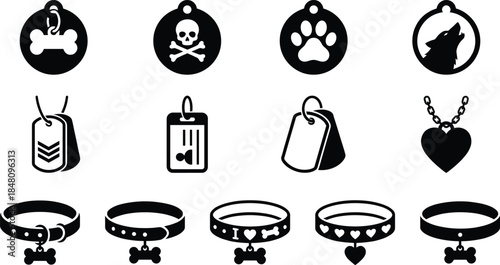 Pet collar and tag silhouette icon set with bone, paw, heart, and dog symbols, black and white vector collection for animal accessories design
