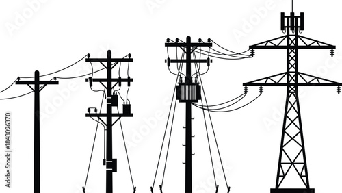 Electric power pole and transmission tower silhouette collection, black and white vector set showing utility infrastructure for energy, industry, and engineering design projects