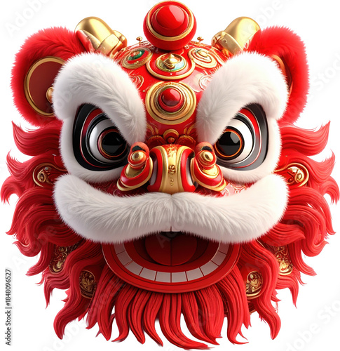 Vibrant Chinese Lion Dance Costume Head in Red and Gold with Intricate Details