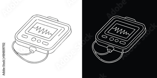 defibrillator line art medical monitor with waveform and cable
