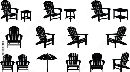 Adirondack chair silhouette collection with tables and umbrella, black and white outdoor furniture vector set for patio, garden, leisure design