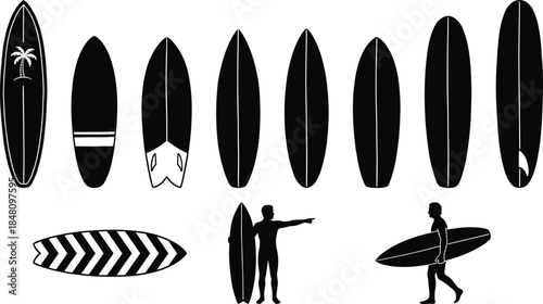 Surfboard silhouette collection with surfers and board shapes, black and white vector set for surfing, beach lifestyle, sport design use