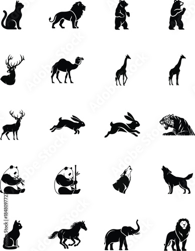 Collection Of Black Animal Silhouettes Including Cat Lion Bear Deer Camel Giraffe Rabbit Tiger Panda Wolf Horse Elephant Keywords: animal, silhouette, black, cat, lion