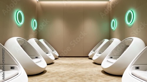 Rows of white futuristic relaxation pods inside a modern beige lounge with glowing green neon circular lights on the walls