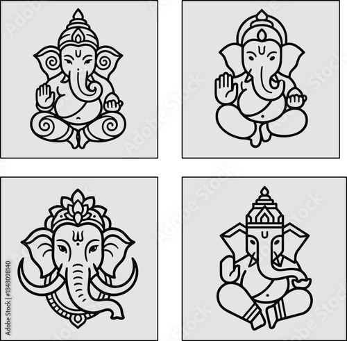 Lord Ganesha Line Art Vector Set with Hindu God Symbols for Spiritual Illustrations Tattoos Logos Prints and Decorative Design Use