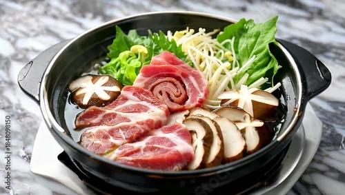 Delicious Japanese Hot Pot with Meat, Vegetables, and Mushrooms.