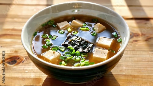 Delicious Japanese Miso Soup with Tofu, Seaweed, and Green Onions in a Bowl.