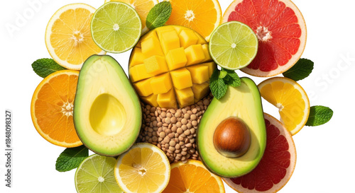Fototapeta Naklejka Na Ścianę i Meble -  Assorted fresh fruits and avocado with grains