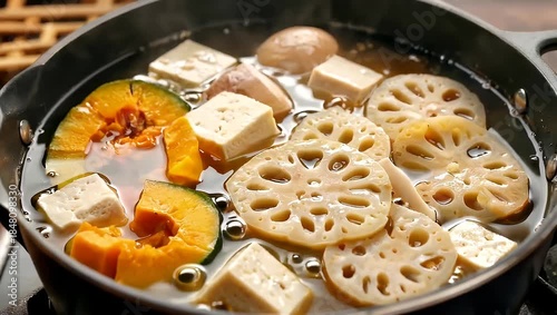 Delicious Japanese Hot Pot with Vegetables and Tofu.