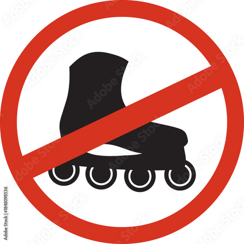 No rollerblading sign prohibition symbol with roller skate silhouette isolated on white background for safety and warning concepts