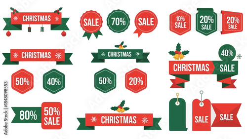 Vector illustration of collection of christmas sale banners, ribbons, and discount tags in red and green colors