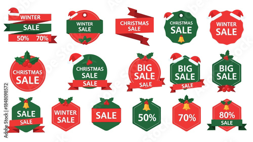 Vector illustration of christmas and winter sale banners, tags, and labels with santa hats and holly decorations