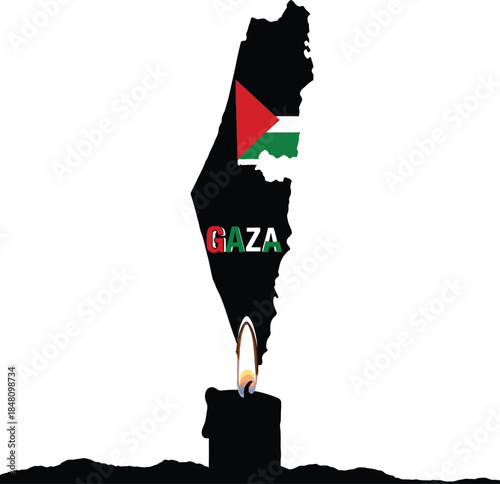 Silhouette of a candle with Gaza map and flag inside on white background Keywords: Gaza, Palestine, map, flag, candle, burning, light, hope, remembrance, memorial