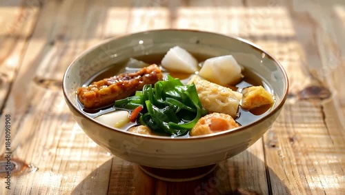 Delicious Japanese Udon Noodle Soup with Various Ingredients in a Bowl.