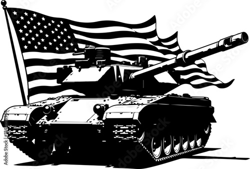 American Tank with USA Flag Military Power Silhouette Vector