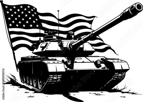 American Tank with USA Flag Military Power Silhouette Vector