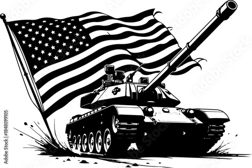 American Tank with USA Flag Military Power Silhouette Vector