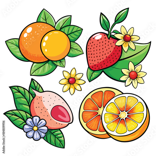 Four colorful fruits with flowers and leaves in a playful cartoon style orange strawberry peach citrus