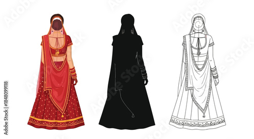 Three depictions of a woman in traditional indian wedding attire
