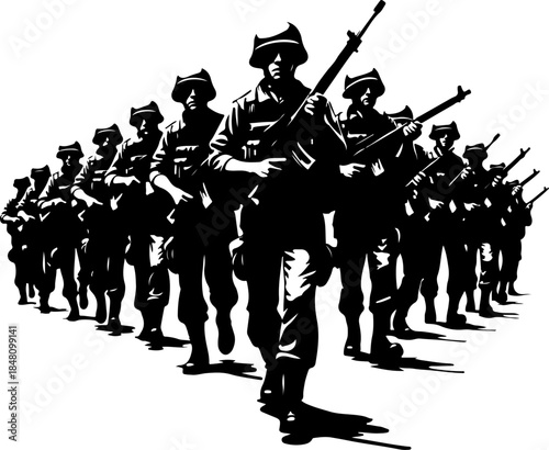 Elite Military Soldiers Marching in Formation Silhouette Vector