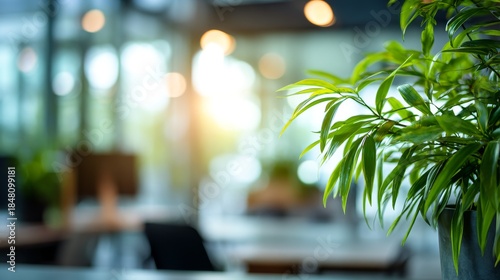 Green office serenity Plant in focus with blurred workspace background.