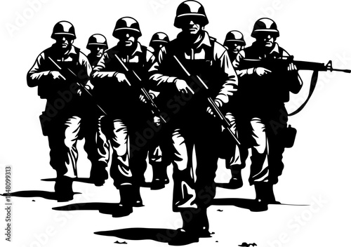 Elite Military Soldiers Marching in Formation Silhouette Vector