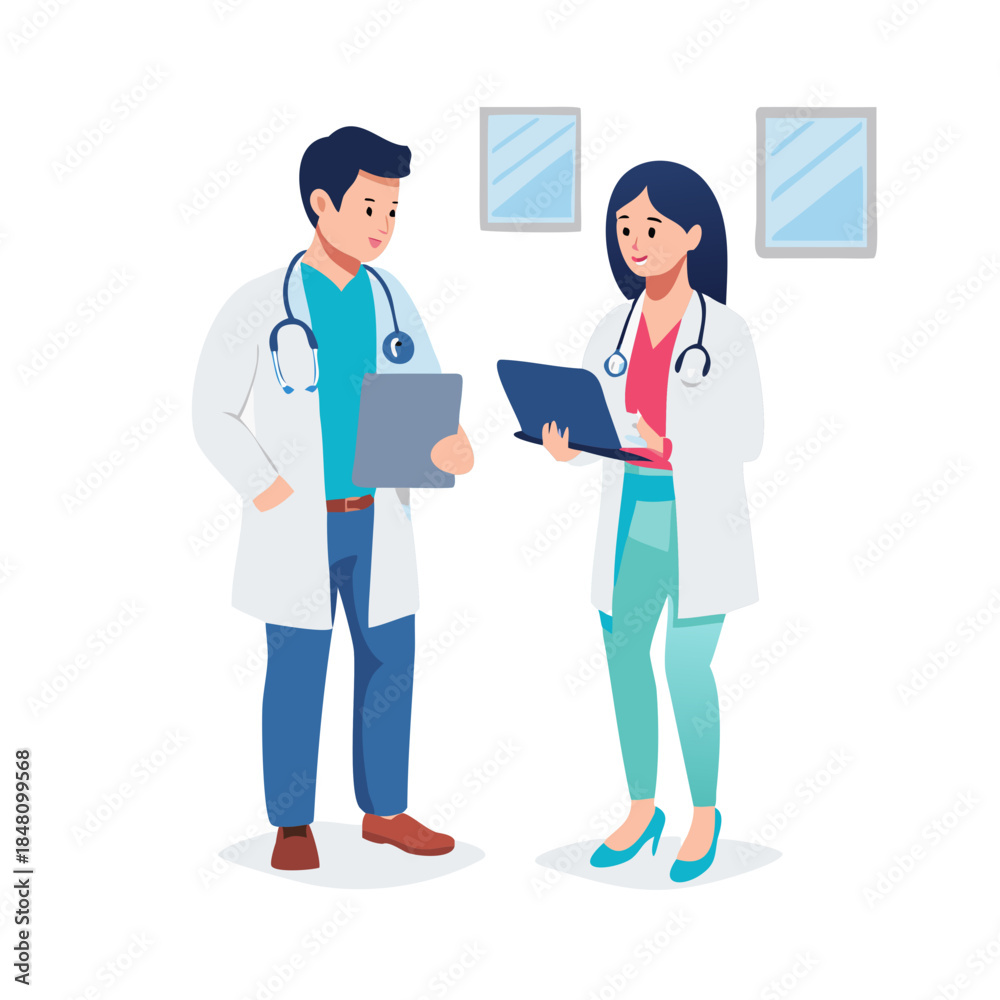 Fototapeta premium Male And Female Doctors Having Informal Meeting In Modern Hospital Looking At Digital Tablet