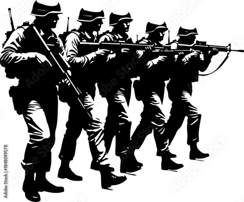 Elite Military Soldiers Marching in Formation Silhouette Vector