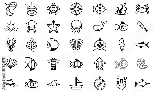 A vibrant vector collection of cartoon sea animals in an underwater pattern features fish, octopus, crab, turtle, starfish, dolphin, jellyfish, and shark illustrations 