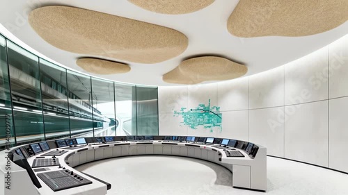 Modern, circular control room or command center with a mosaic wall map and curved glass windows overlooking a transit system