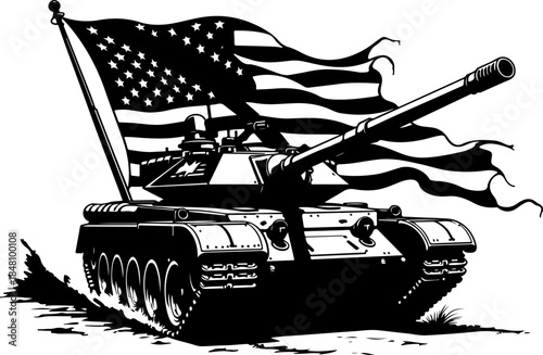 American Patriot Tank with Waving USA Flag – Military Power Black & White Vector