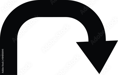 Black U-turn arrow symbol indicating a reversal or change of direction on a white background Keywords: arrow, u-turn, turn, direction, change, reversal, symbol, icon