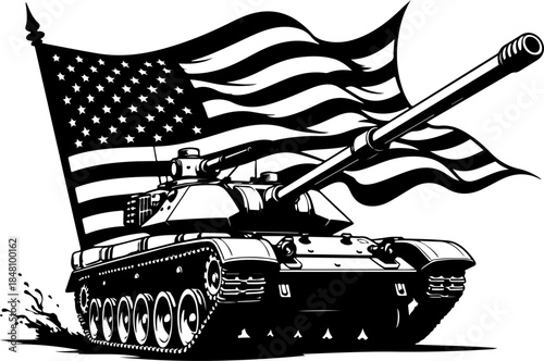 American Patriot Tank with Waving USA Flag – Military Power Black & White Vector