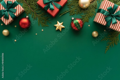 Festive Holiday Presents: Presents and ornaments set against a vibrant green backdrop, the scene exudes the warmth and cheer of the holiday season, with a touch of elegance and joy.