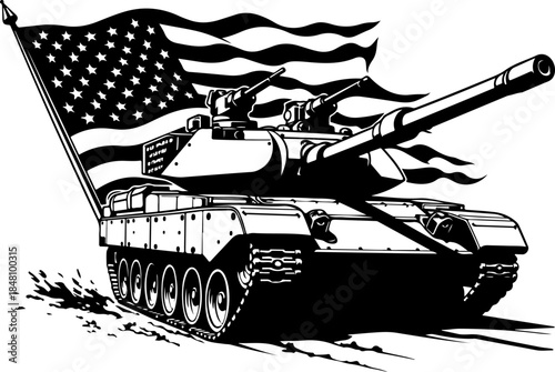 American Patriot Tank with Waving USA Flag – Military Power Black & White Vector