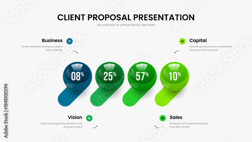 Colorful Visualization Presentation Design Vector Illustration. Consulting Insight 4 Element Diagram Slide Layout. Financial Briefing Four Step Chart Frame Template.