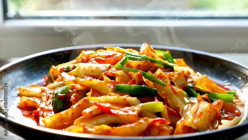 Delicious Korean Spicy Stir-Fried Squid with Vegetables on a Plate.