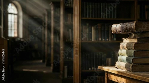 Atmospheric background of vintage books pile on wooden desk. Volumetric sun beams shining through window with floating dust particles. Mystic university interior or magic school concept.

