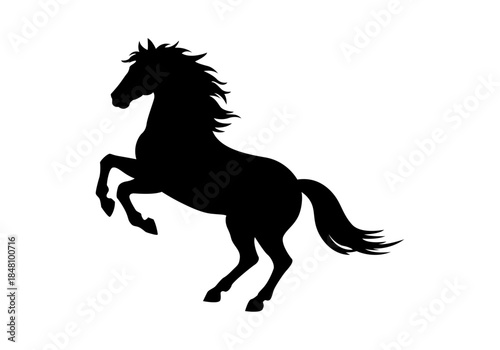 Silueta negra de un caballo encabritado sobre sus patas traseras aislada sobre fondo blanco
