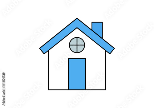 Ilustración plana de una casa sencilla con tejado azul y chimenea sobre fondo blanco 