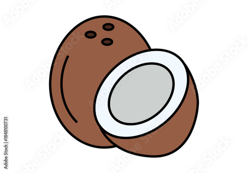 Ilustración de un coco entero junto a un coco cortado por la mitad para conceptos de alimentación tropical y nutrición saludable