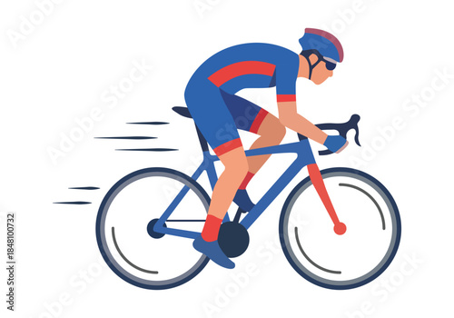 Ciclista profesional con equipación azul y roja compitiendo en una carrera de ciclismo de carretera a gran velocidad