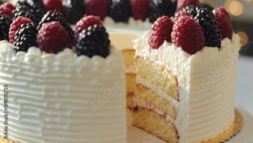 Delicious layered cake with berries and cream, perfect for celebrations.