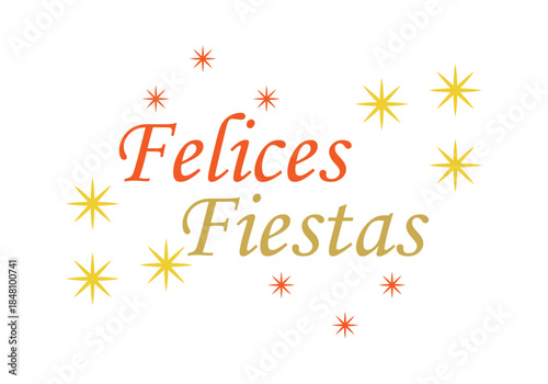 Felices fiestas con tipografía elegante rodeado de estrellas brillantes y destellos dorados sobre un fondo blanco