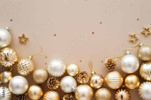 Holiday Ornament Delight: A festive assortment of shimmering golden and silver ornaments, stars, and pine cones creates a dazzling display.