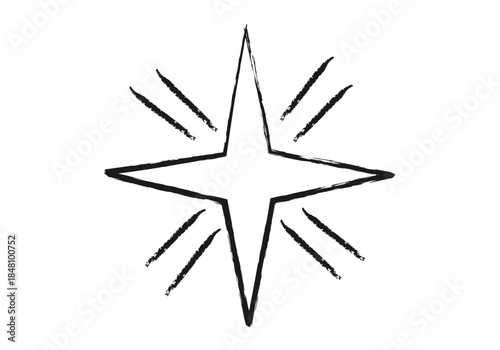 Ilustración en trazo de pincel de una estrella de cuatro puntas estilo boceto brillando sobre fondo blanco