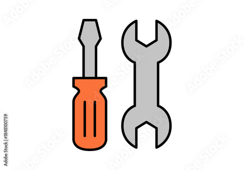 Ilustración vectorial de herramientas de reparación destornillador y llave inglesa estilo icono plano