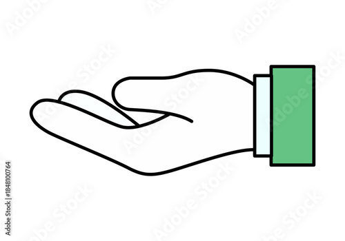 Mano humana abierta en posición de recibir o sostener algo con manga de camisa verde sobre fondo blanco